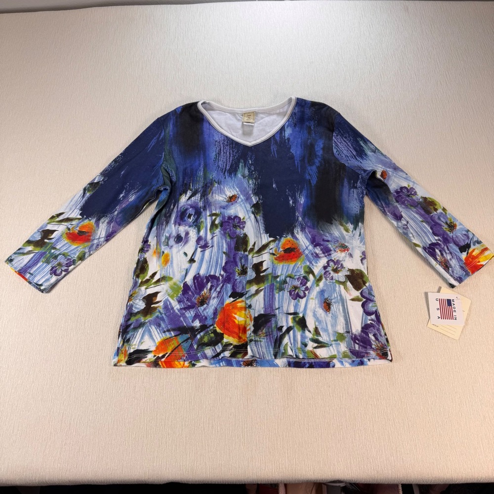 Jess & Jane Paloma Blue Floral Rhinestone Cotton 3/4 Sleeve Top Large NEW